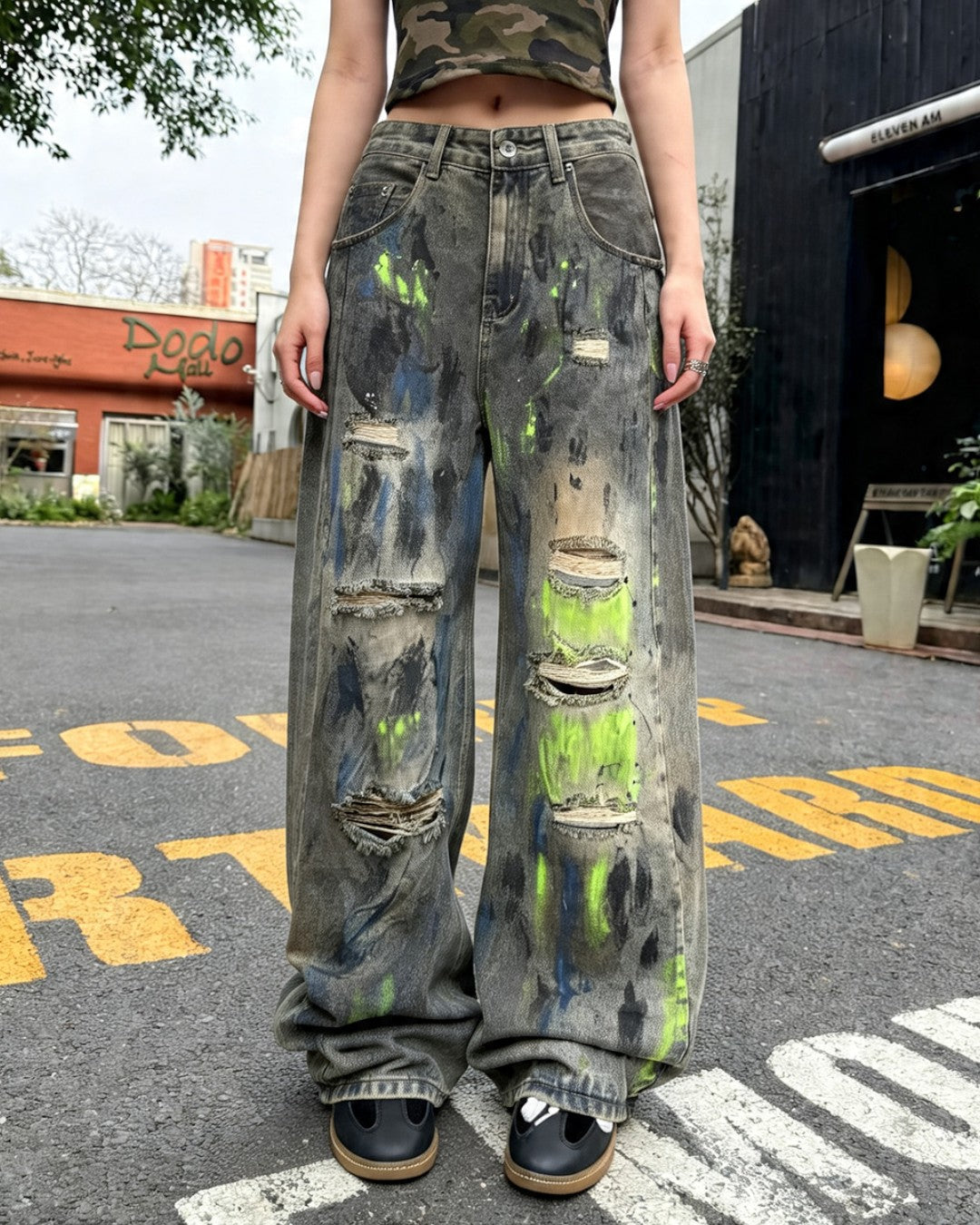 STEP BLOCK MT059 Neon Distressed Baggy Jeans - Washed Denim