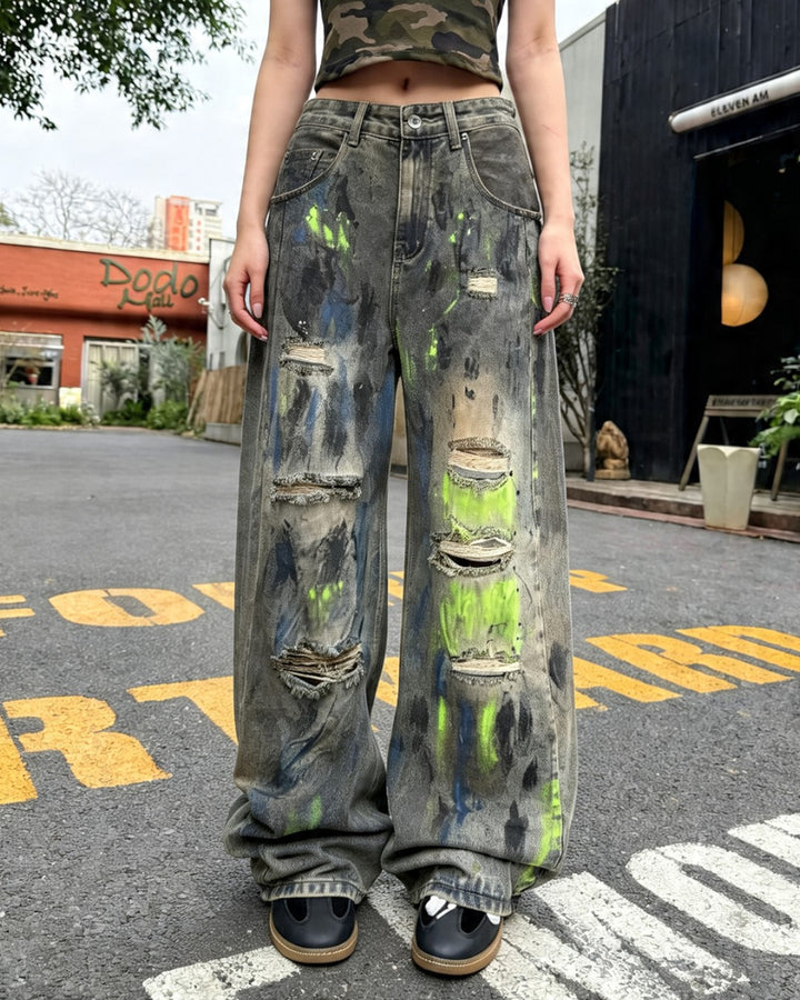 STEP BLOCK MT059 Neon Distressed Baggy Jeans - Washed Denim