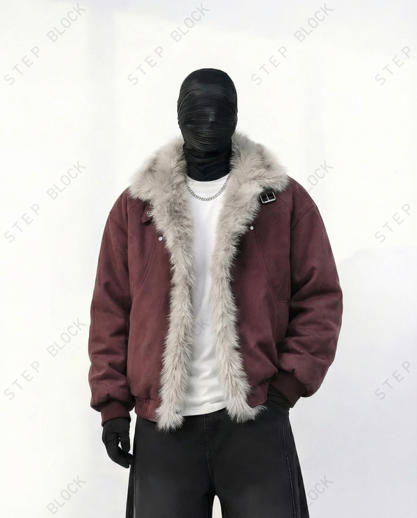 STEP BLOCK ST057 Reversible Shearling Lined Ribbed Collar Bomber Jacket