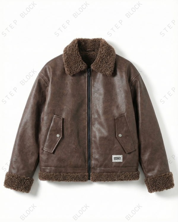STEP BLOCK ST040 Shearling Collar Washed Faux Leather Aviator Bomber Jacket