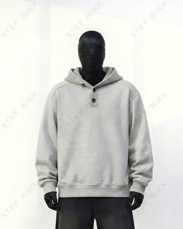 STEP BLOCK ST054 Minimalist Henley Neck Oversized Pullover Hoodie