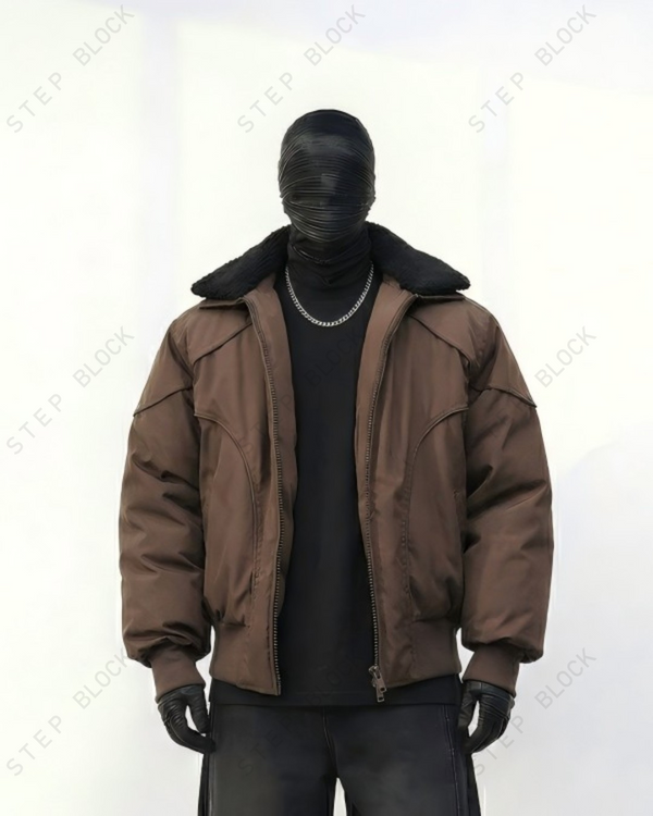 STEP BLOCK ST055 Shearling Collar Washed Utility Bomber Jacket