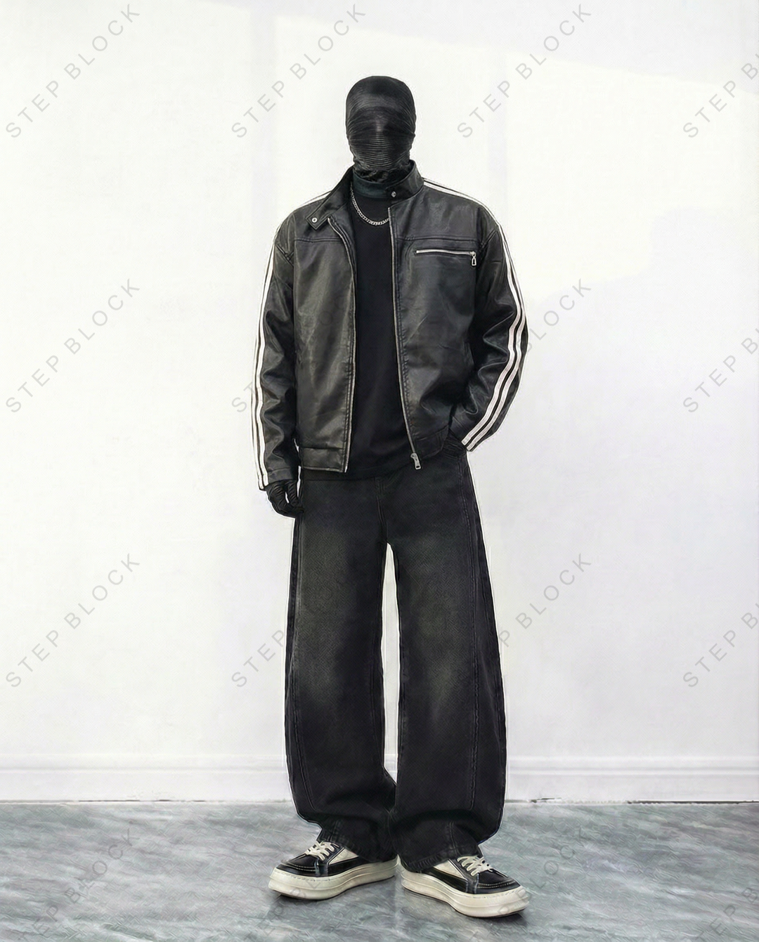 STEP BLOCK ST1015 Striped Sleeve Leather Jacket