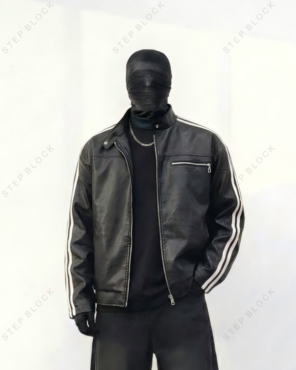 STEP BLOCK ST1015 Striped Sleeve Leather Jacket