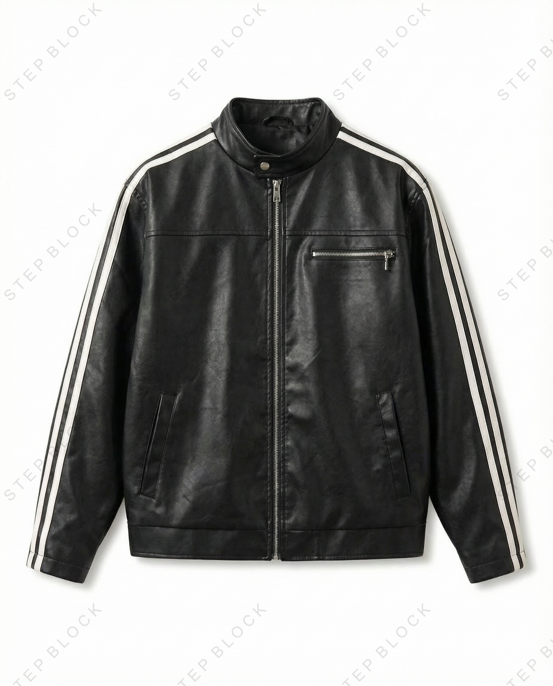 STEP BLOCK ST1015 Striped Sleeve Leather Jacket