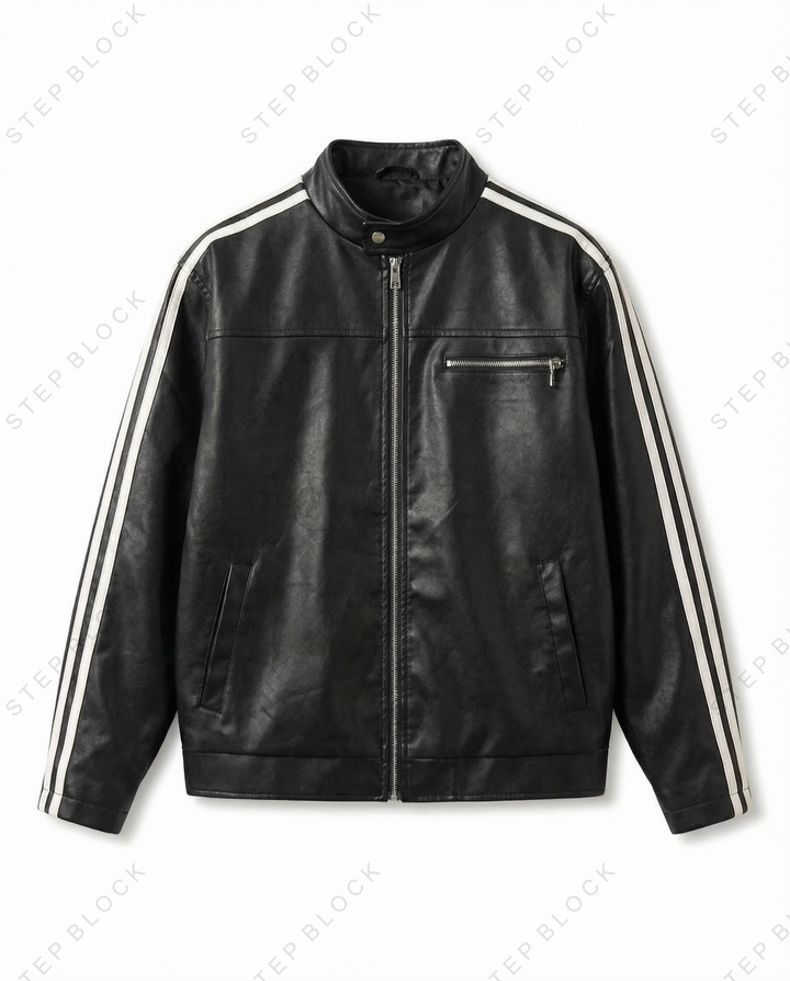 STEP BLOCK ST1015 Striped Sleeve Leather Jacket