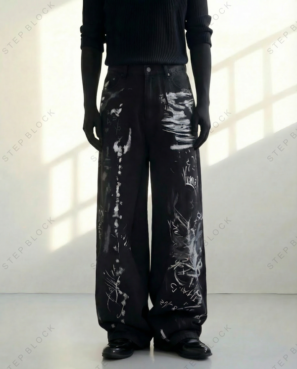 STEP BLOCK MT026 vintage black graffiti print wide-leg pants