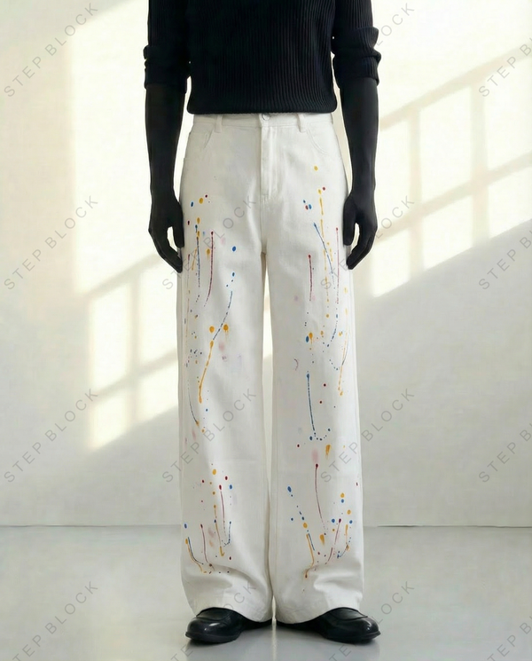 STEP BLOCK MT047 white wide-leg pants with colorful paint splatter design