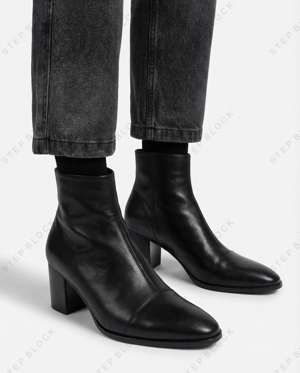 STEP BLOCK SH015 Men's Black Leather Gothic Chunky Heel Streetwear shoes