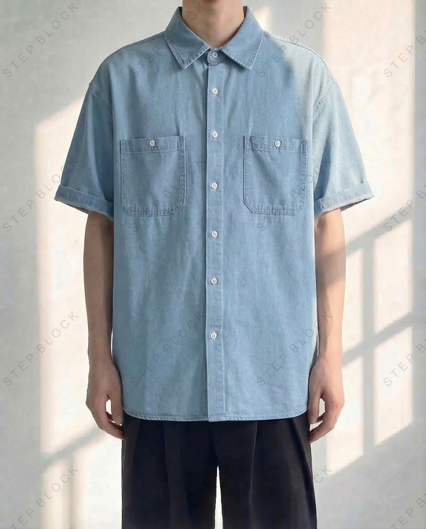 STEP BLOCK MT553 light blue short sleeve button-up denim shirt