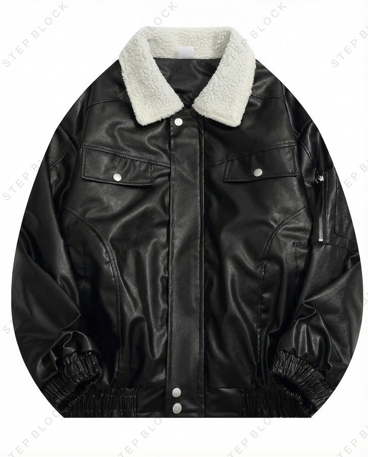 STEP BLOCK ST1018 Shearling Collar Leather Jacket