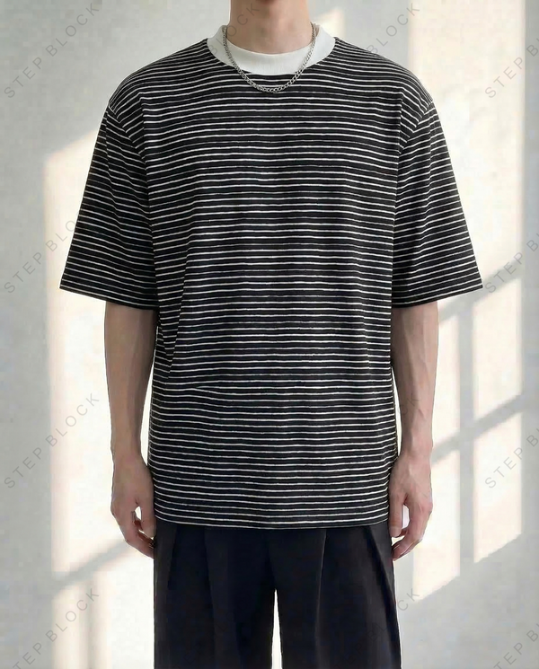 STEP BLOCK MT509 Men's Striped Crew Neck Oversized Streetwear tshirt