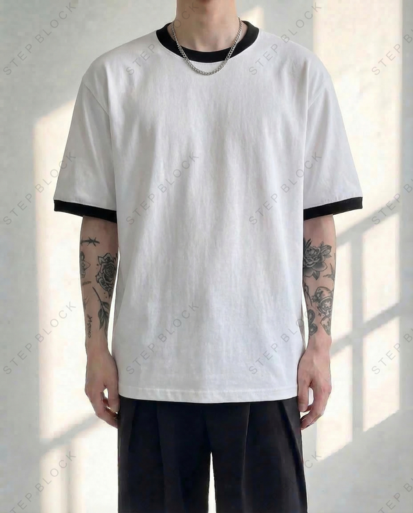 STEP BLOCK MT510 Men's Black Trim White Oversized Streetwear tshirt