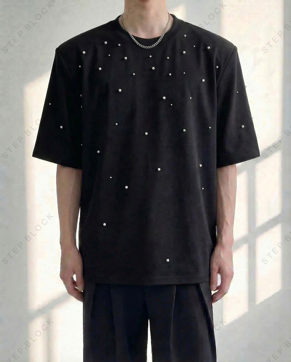 STEP BLOCK MT511 Men's Rhinestone Embellished Oversized Streetwear tshirt