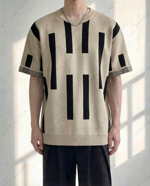 STEP BLOCK MT514 Men's Beige & Black Striped Knit Oversized Streetwear tshirt