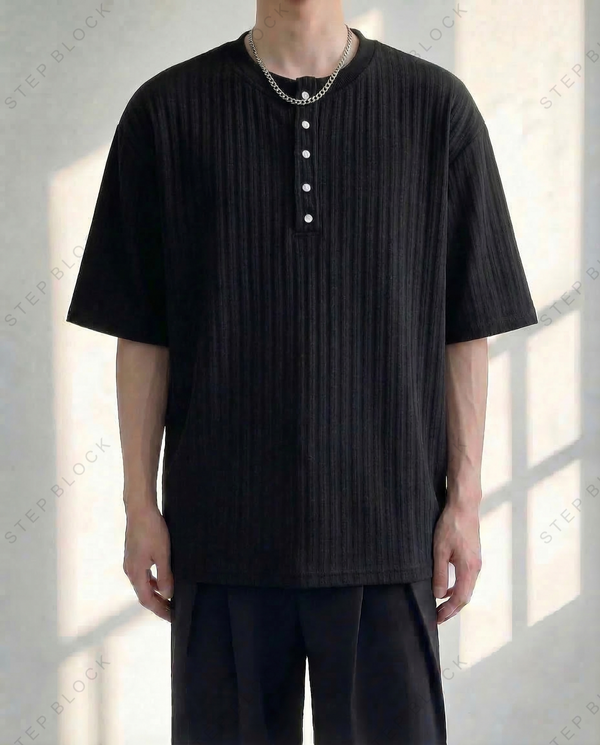 STEP BLOCK MT515 Men's Ribbed Henley Neck Oversized Streetwear tshirt