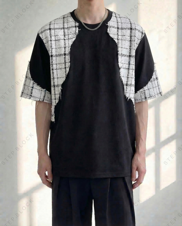 STEP BLOCK MT518 Men's Two-Tone Tweed Patchwork Oversized Streetwear tshirt