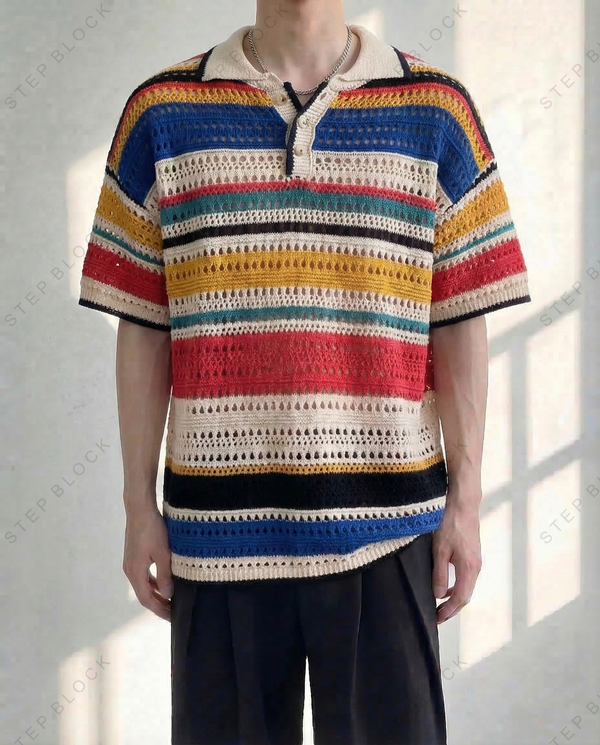 STEP BLOCK MT520 Men's Colorful Striped Knit Oversized Streetwear tshirt