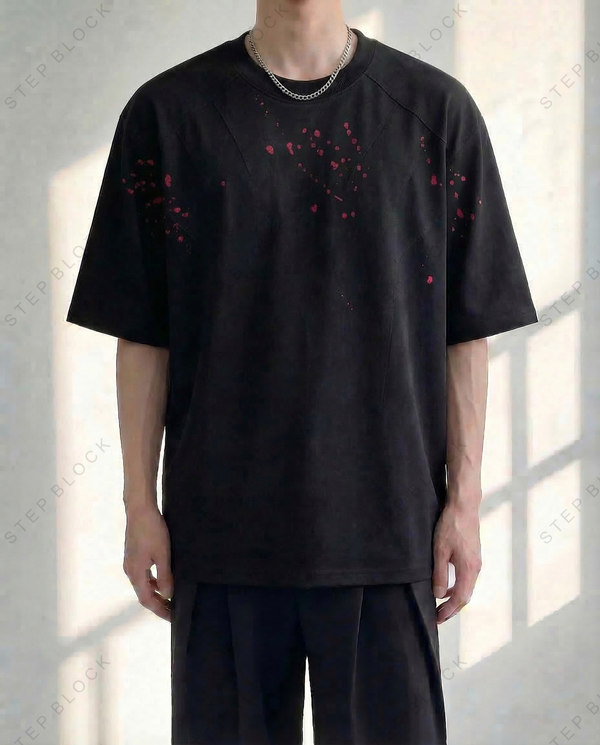 STEP BLOCK MT522 Men's Black Splatter Print Oversized Streetwear tshirt