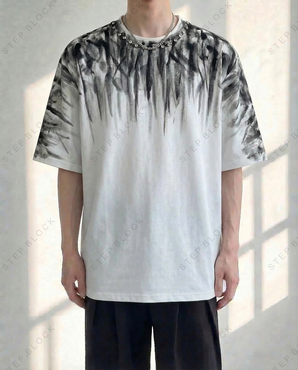 STEP BLOCK MT524 Men's Black & White Gradient Print Oversized Streetwear tshirt