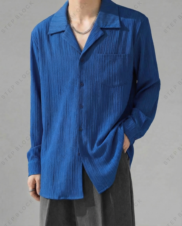 STEP BLOCK MT526 Crinkle Texture Camp Collar Long-Sleeve Shirt