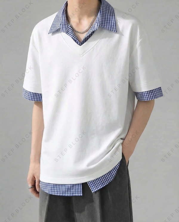 STEP BLOCK MT532 Layered Plaid Trim Short-Sleeve T-Shirt
