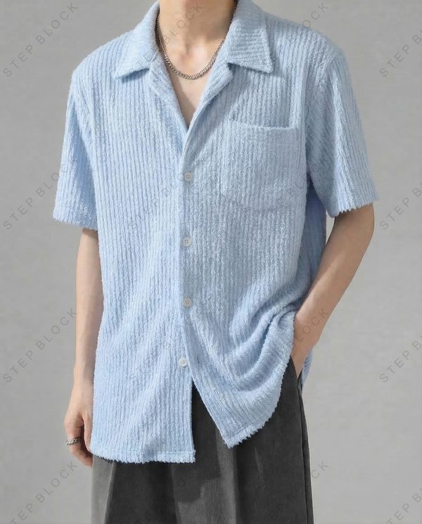 STEP BLOCK MT533 Crinkle Texture Camp Collar Short-Sleeve Shirt