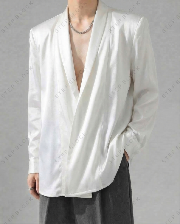 STEP BLOCK MT537 Deep V-Neck Satin Long-Sleeve Shirt