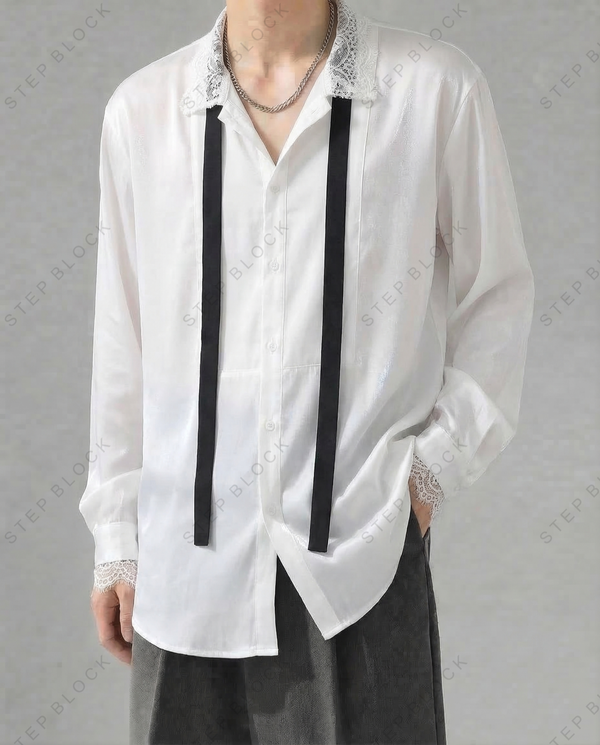 STEP BLOCK MT538 Lace Trim Tie Detail Long-Sleeve Shirt