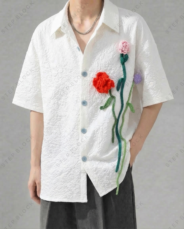 STEP BLOCK MT545 Floral Appliqué Short-Sleeve Shirt