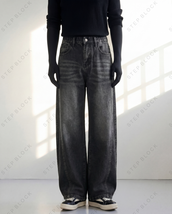 STEP BLOCK MT039 vintage washed grey baggy flare jeans