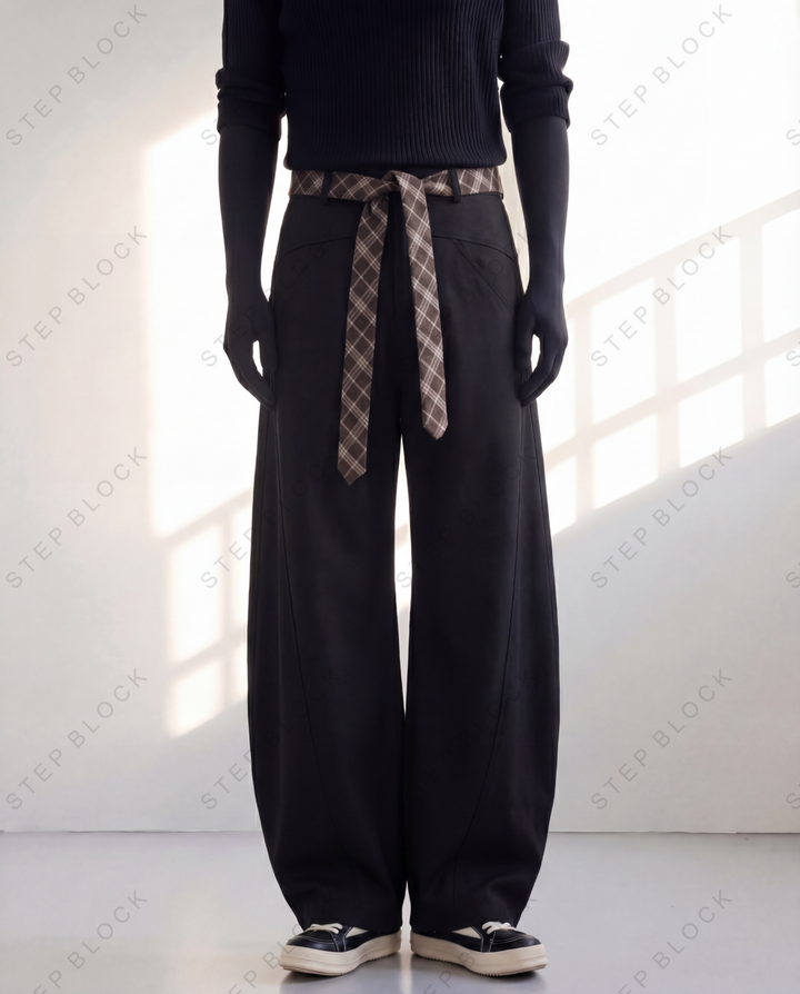 STEP BLOCK MT037 minimalist wide-leg drape casual pants with patterned belt