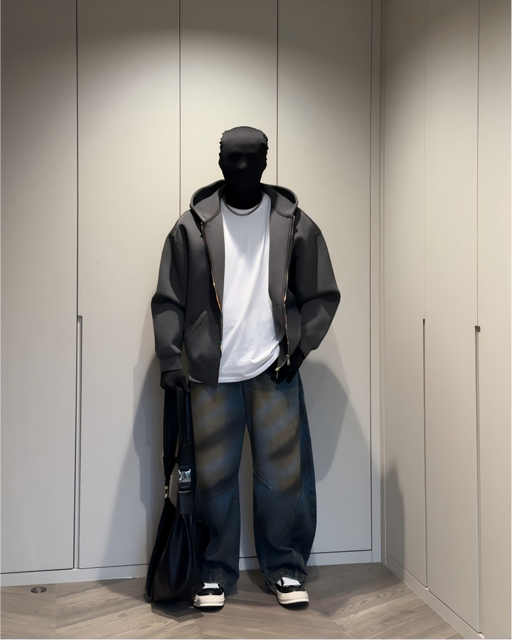 STEP BLOCK ST042 Minimalist Full-Zip Oversized Hoodie