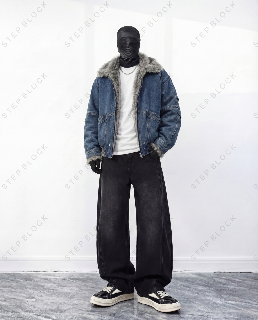 STEP BLOCK ST1019 Shearling Lined Denim Jacket