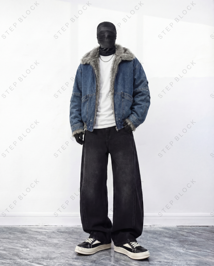 STEP BLOCK ST1019 Shearling Lined Denim Jacket