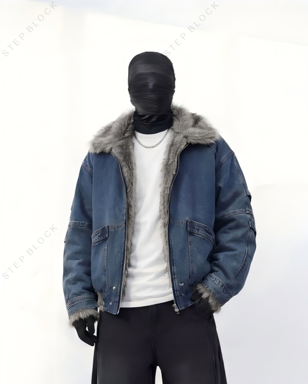 STEP BLOCK ST1019 Shearling Lined Denim Jacket
