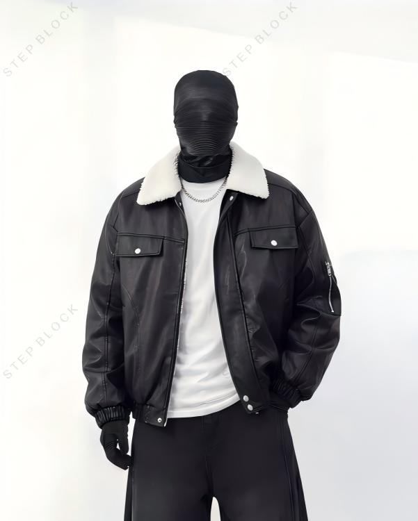 STEP BLOCK ST1018 Shearling Collar Leather Jacket