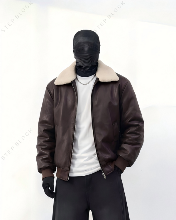 STEP BLOCK ST1003 shearling collar leather bomber jacket, men's streetwear