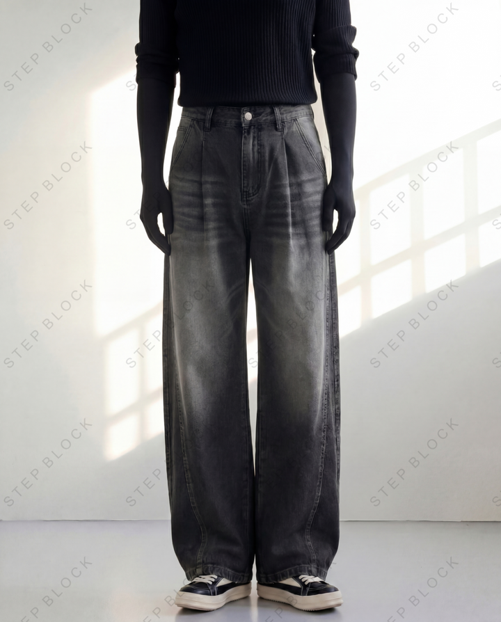 STEP BLOCK MT036 vintage washed grey and light blue baggy jeans