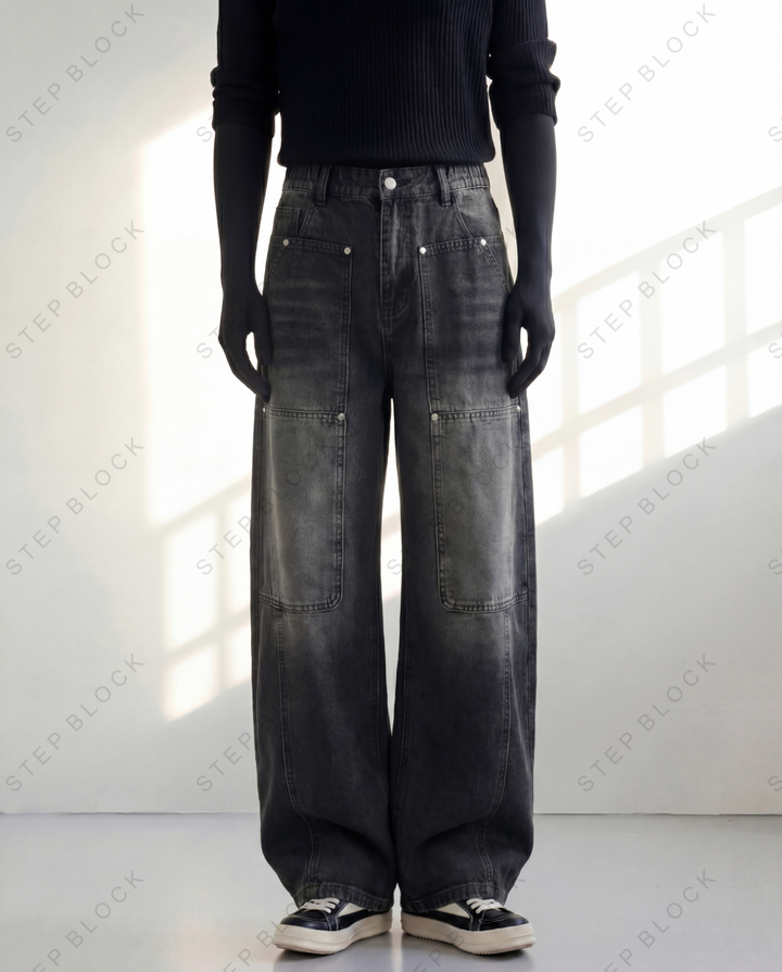 STEP BLOCK MT033 vintage washed black and blue baggy jeans with panel detailing