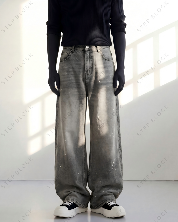 STEP BLOCK MT040 vintage washed grey distressed baggy jeans