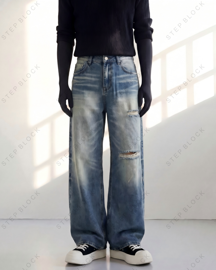 STEP BLOCK MT042 vintage light washed distressed baggy jeans