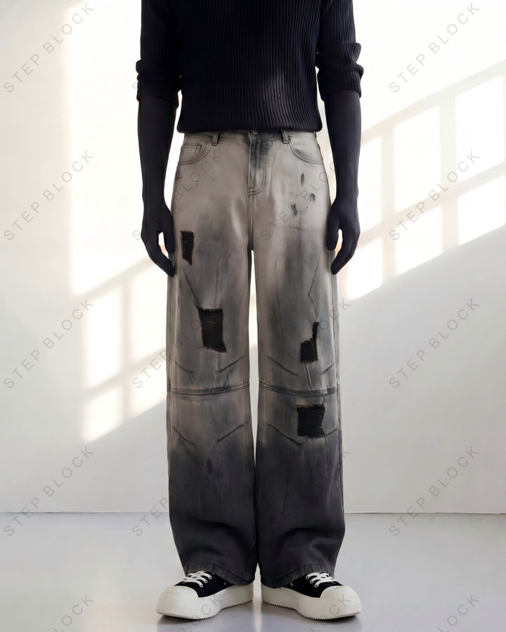 STEP BLOCK MT043 vintage washed distressed baggy jeans with black patches