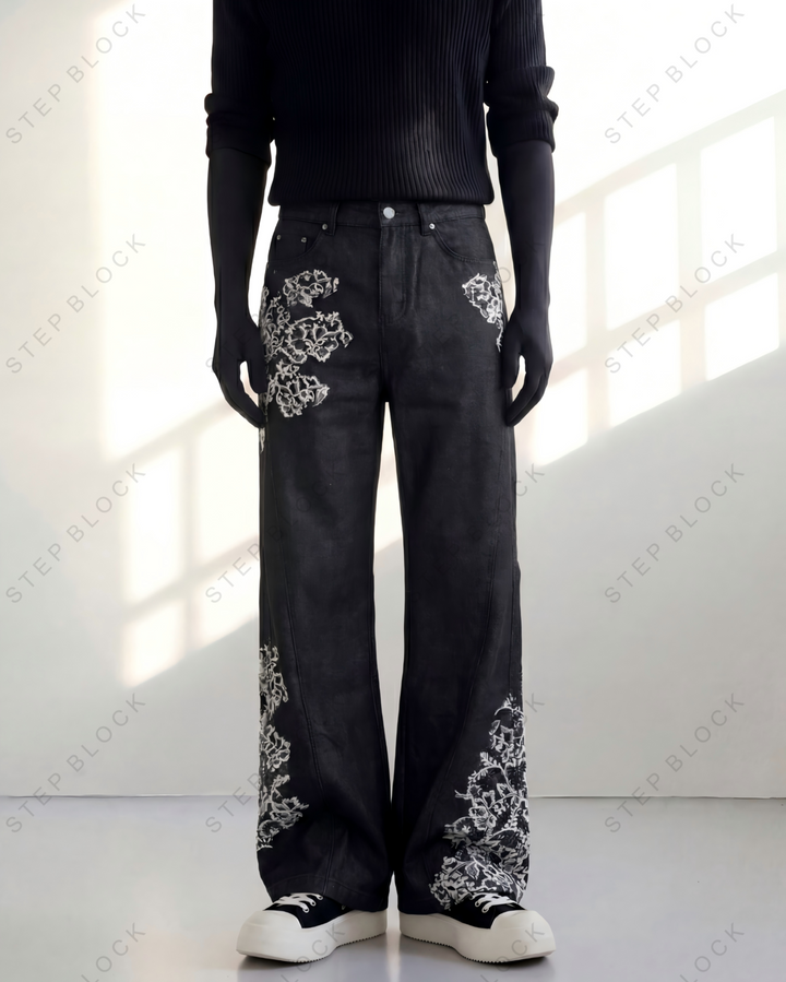 STEP BLOCK MT045 vintage black washed baggy jeans with white floral embroidery
