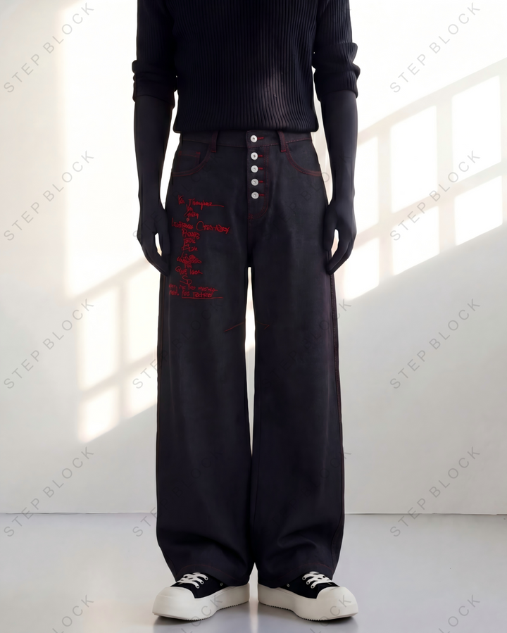 STEP BLOCK MT046 vintage black washed baggy jeans with red embroidery patches