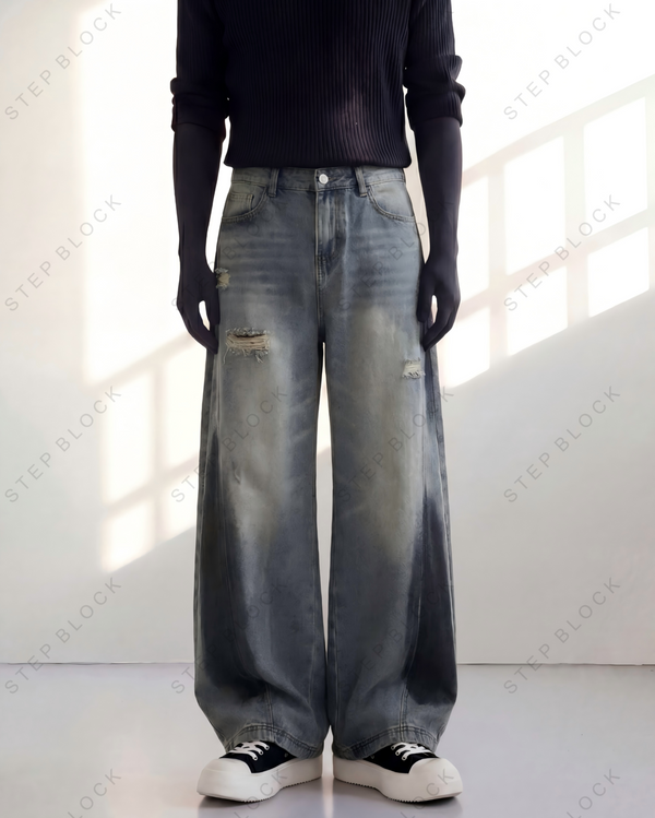 STEP BLOCK MT048 vintage washed distressed baggy jeans with patches
