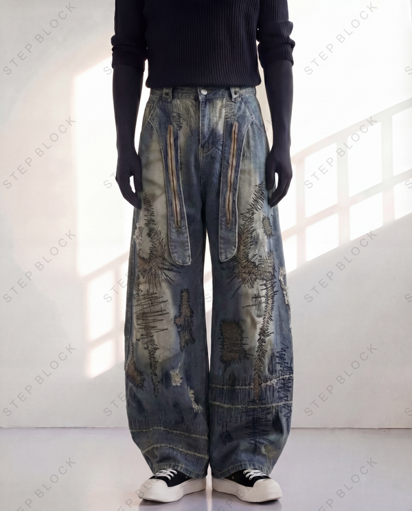 STEP BLOCK MT051 vintage washed distressed graffiti baggy jeans