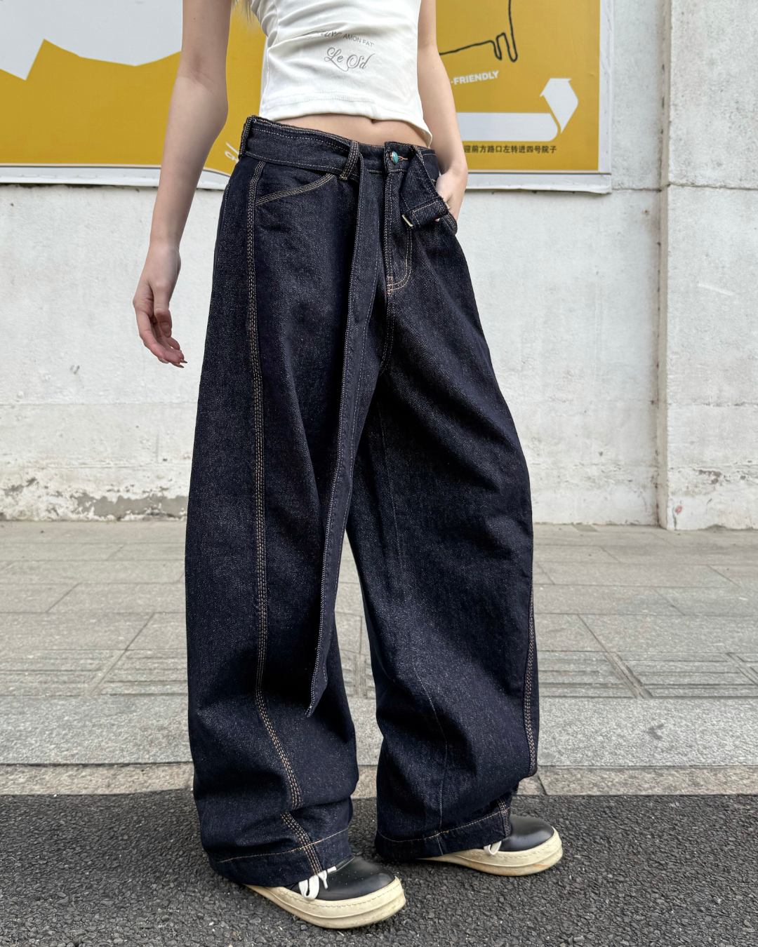 STEP BLOCK MT084 Raw Indigo Contrast Stitch Baggy Jeans