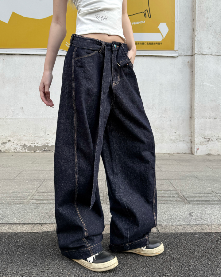 STEP BLOCK MT084 Raw Indigo Contrast Stitch Baggy Jeans