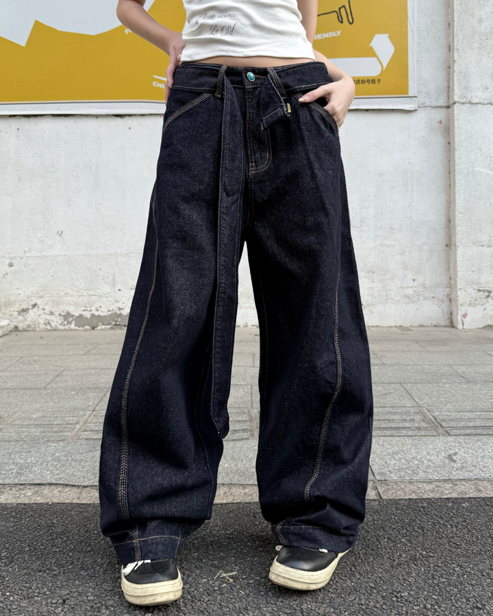 STEP BLOCK MT084 Raw Indigo Contrast Stitch Baggy Jeans